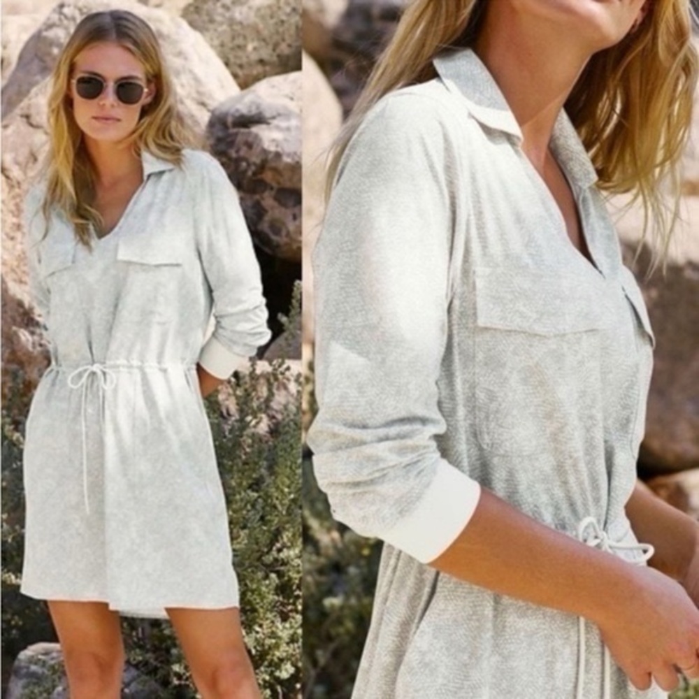 Athleta Viper Grey White Zuma Printed Shirtdress Sz S Packable Athleisure Chic